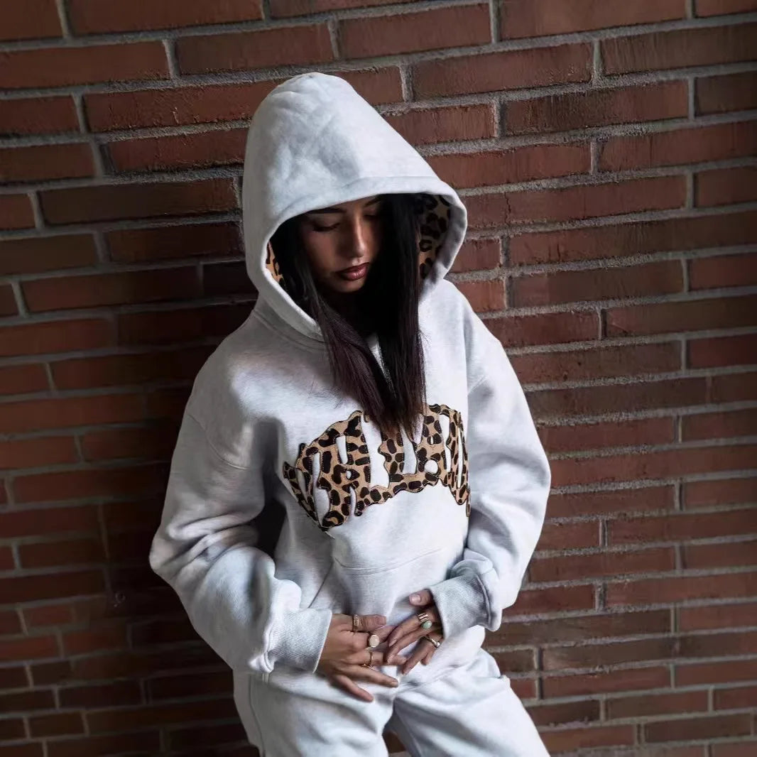 Retro Leopard Hoodie Sports Set